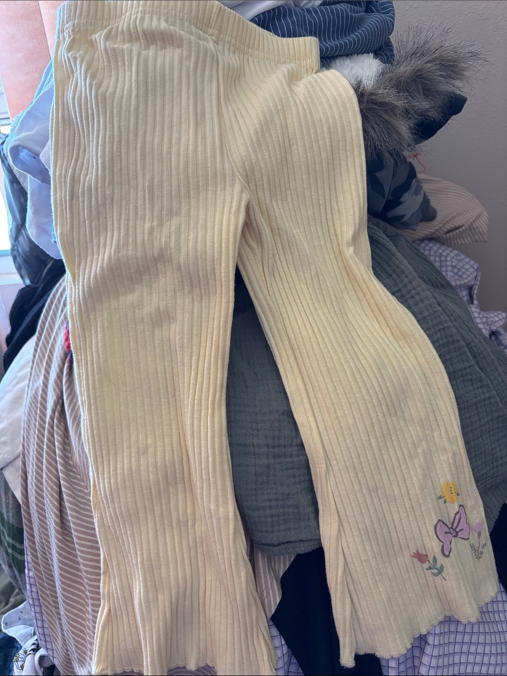 Girls Disney Ribbed Flare Slacks with Butterfly Detail - Pale Yellow 2T